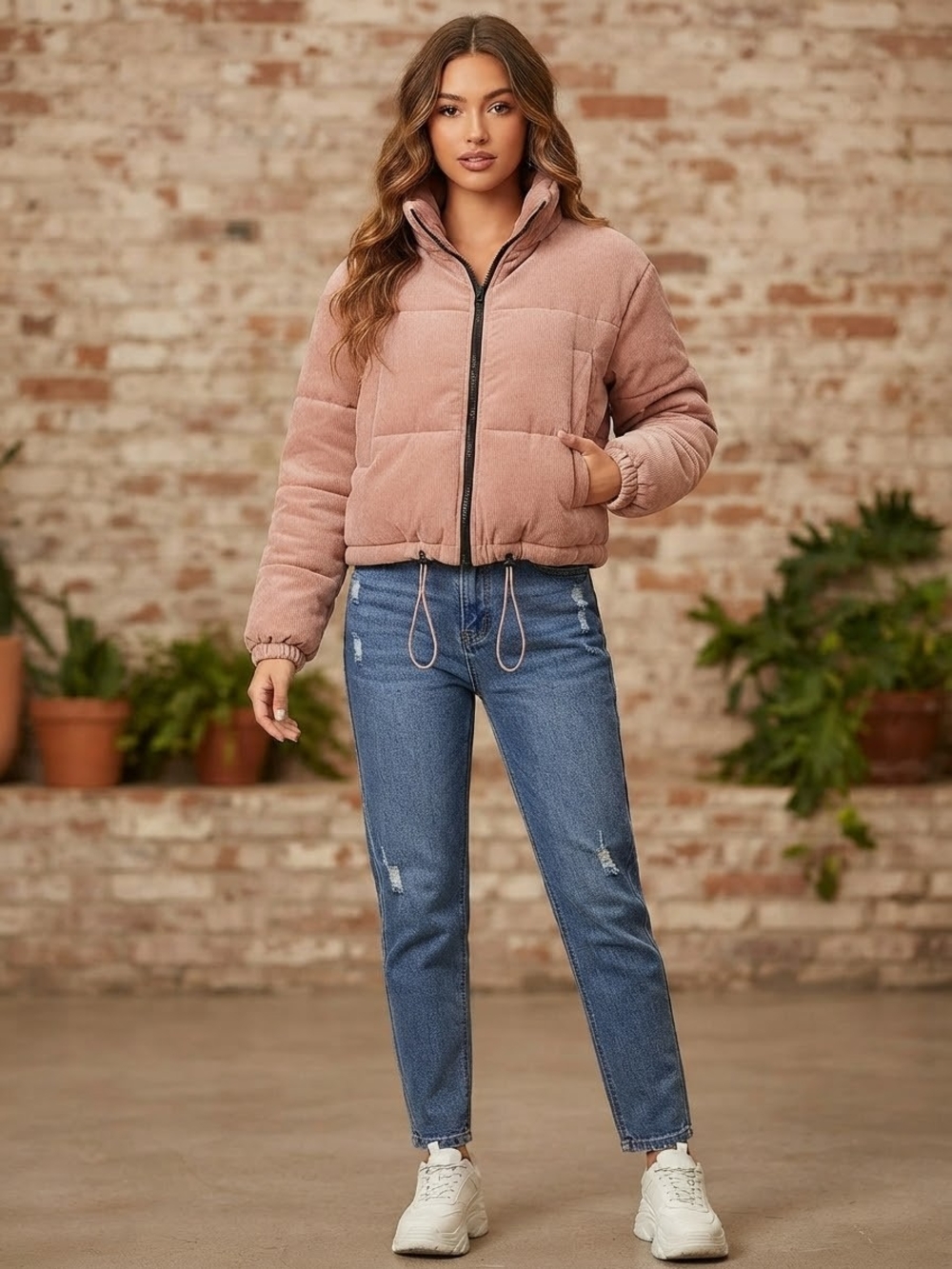 Women's Blush Pink Cropped Puffer Jacket 100% Cotoon